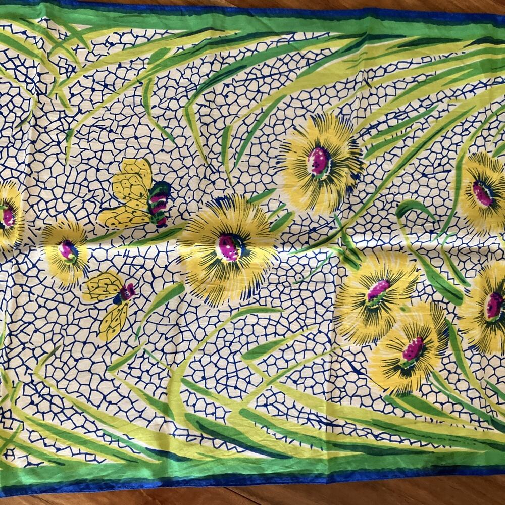 Vtg 1930's Silky Scarf Art Deco Floral Bee's Colorful Hand Rolled Blue MCM Rare - Picture 4 of 16